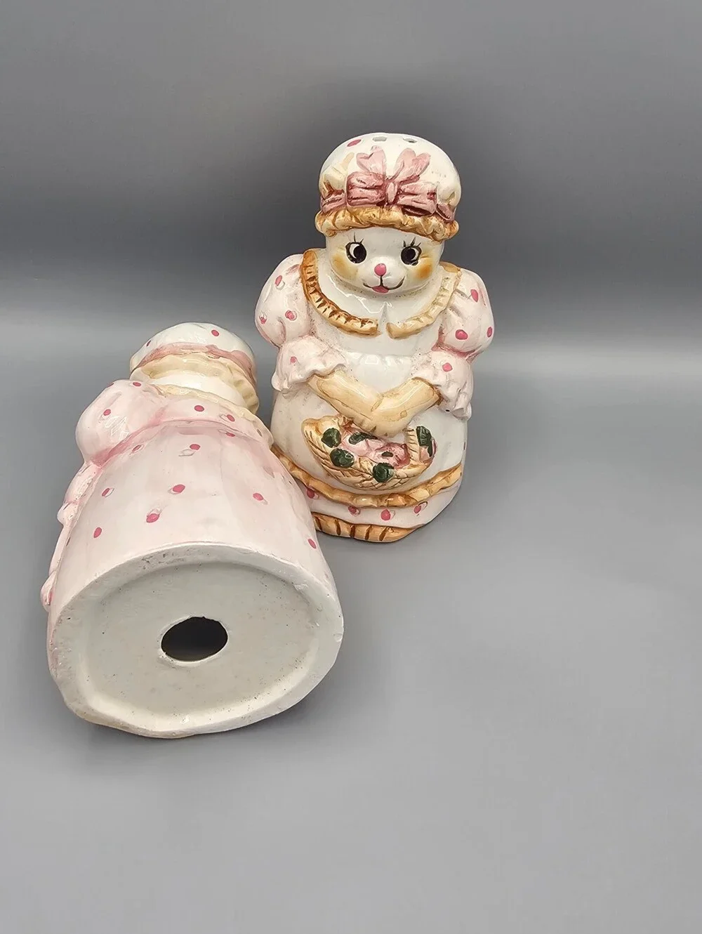 Vintage Ceramic Bear Salt and Pepper Shakers with Floral Basket Design